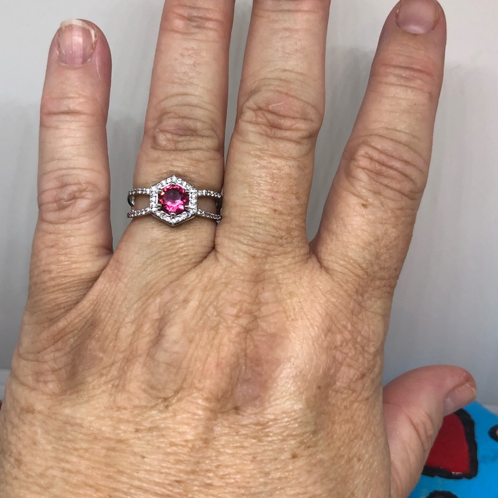 Silver Ruby Red Cz Double Shoulder Ring - image 4